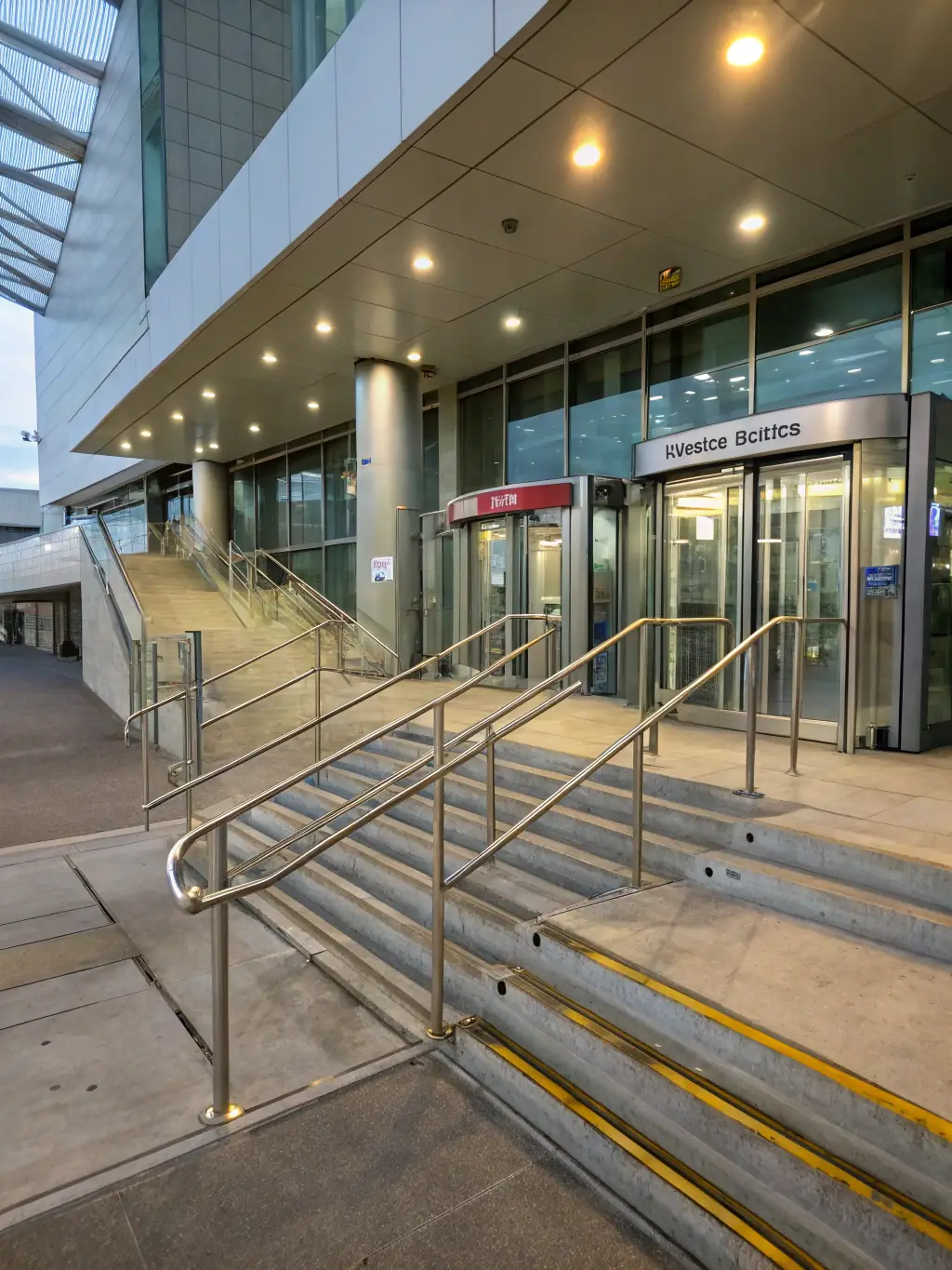 A photograph of accessible ramps and elevators at the National Exhibition Centre (NEC) in Birmingham, highlighting the venue's commitment to accessibility.