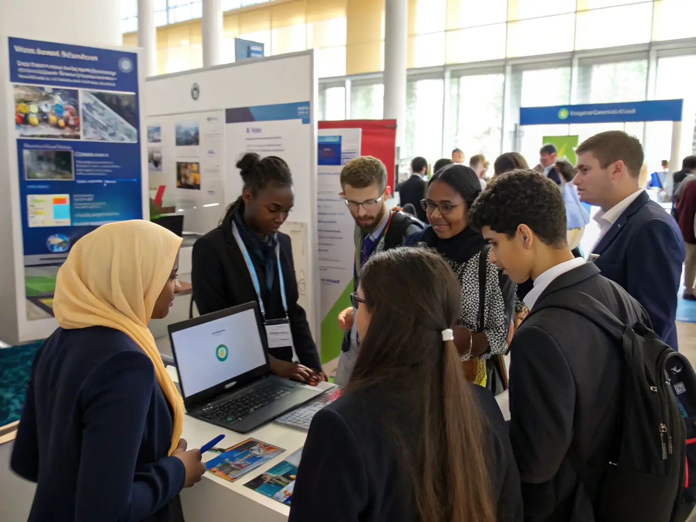 A visually appealing image of exhibitors interacting with attendees at a technology conference, demonstrating engagement and networking opportunities.