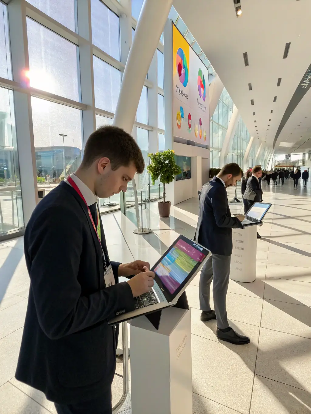 A picture of a visitor information booth at a previous tech expo, with staff assisting attendees with directions and event schedules.