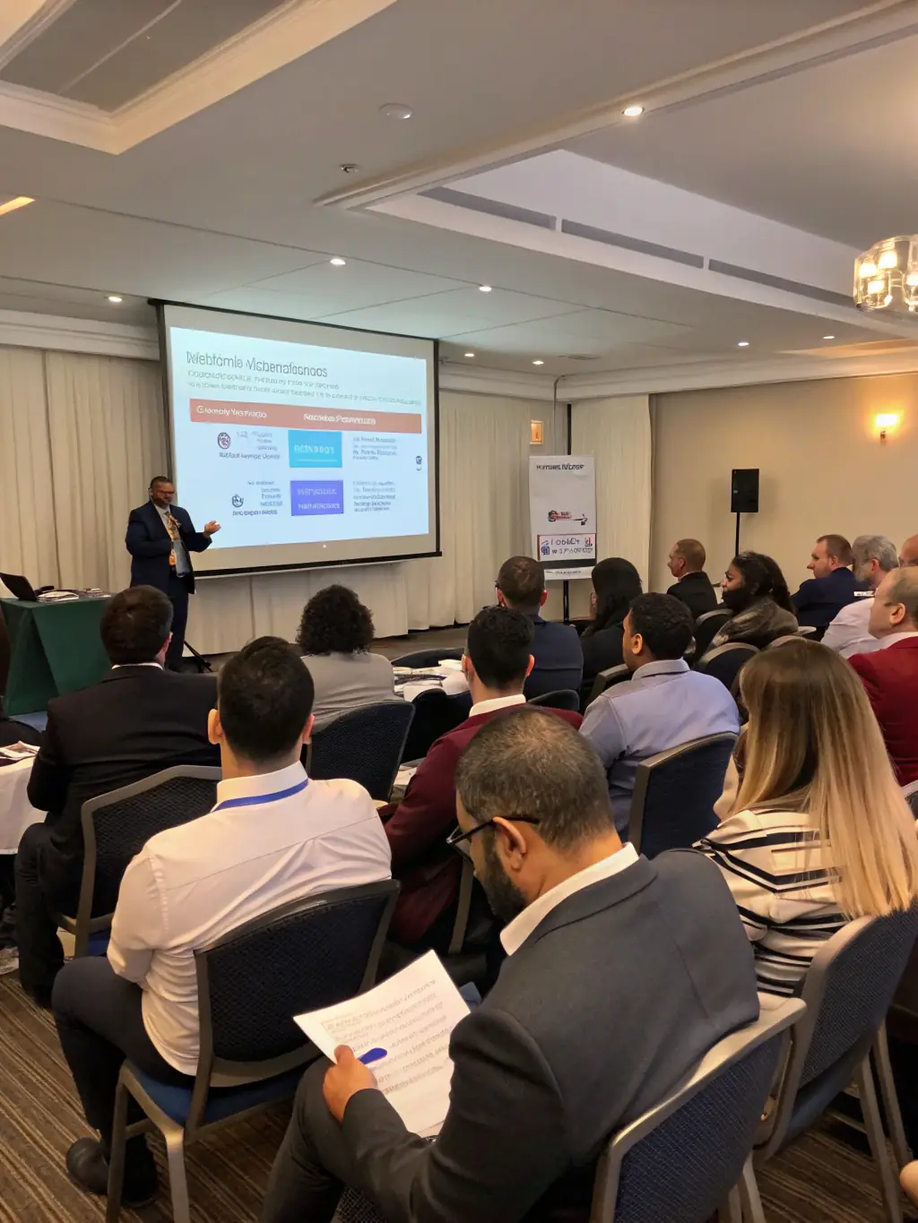 A photograph depicting a conference room during a keynote speech, with a diverse audience attentively listening to the speaker on stage.