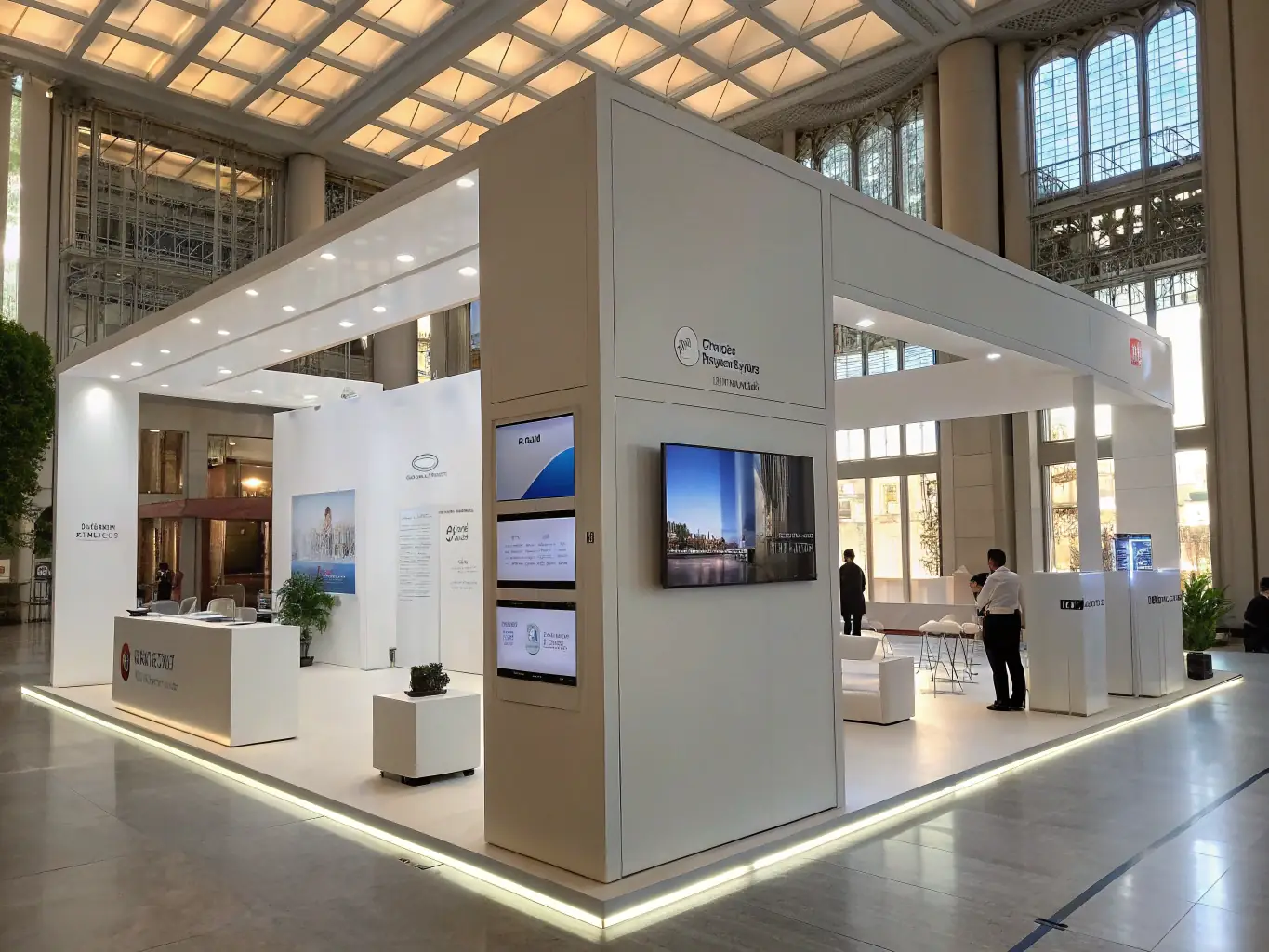 A professional photograph showcasing a modern exhibition booth at a technology expo, highlighting the branding and display of an exhibitor.