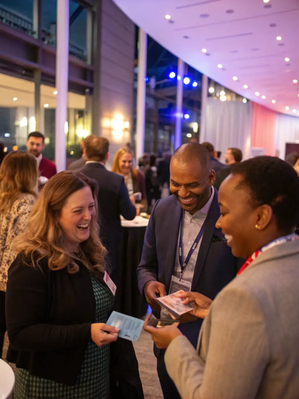 A photograph of a networking event, with professionals connecting and exchanging ideas in a relaxed and engaging environment.
