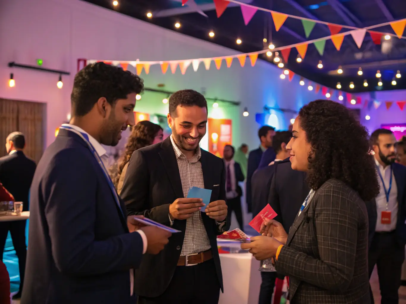 A wide shot of a networking event, with attendees engaging in conversations and exchanging business cards. The atmosphere is lively and collaborative.